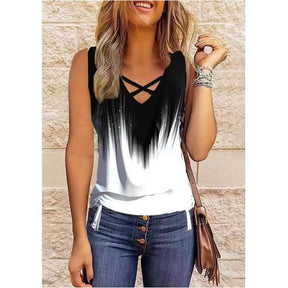 2023 New women's clothing V-neck gradient personality print loose vest T-shirt women