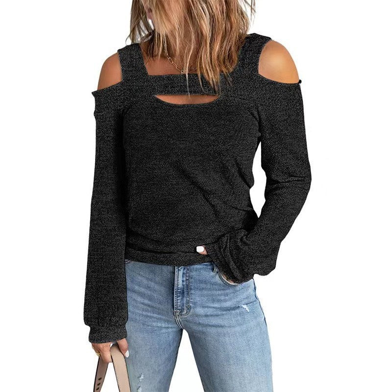2023 Fashion casual solid color strapless loose long-sleeved T-shirt for women
