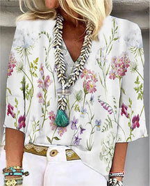 2023 New casual floral print loose V-neck top